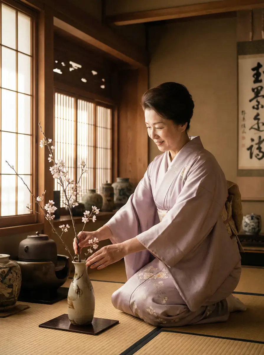 一位优雅的 英亚体育平台 在和室中插花